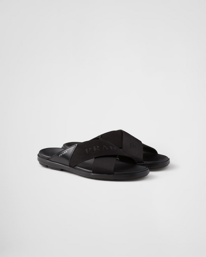 Prada Leather and Re-Nylon Tape Crisscross Slides