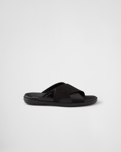 Prada Leather and Re-Nylon Tape Crisscross Slides