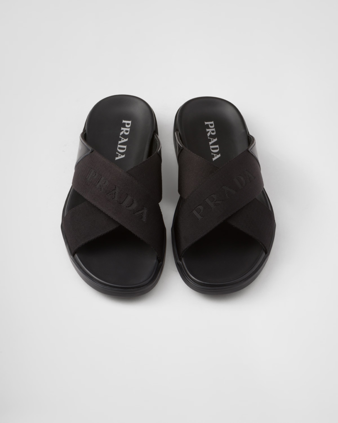 Prada Leather and Re-Nylon Tape Crisscross Slides