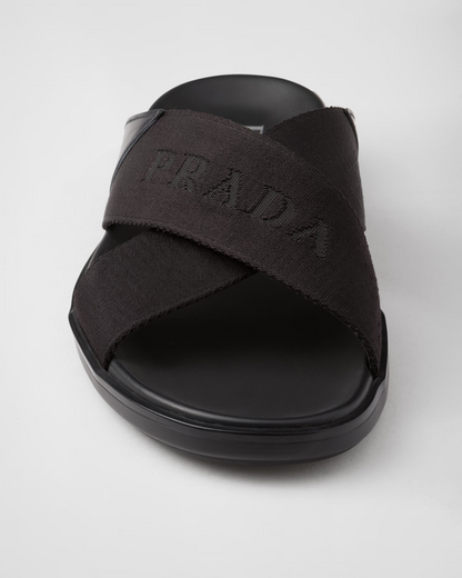 Prada Leather and Re-Nylon Tape Crisscross Slides